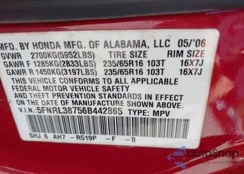 2006 Honda Odyssey Ex-L from USA, damaged, VIN 5FNRL38756B442865